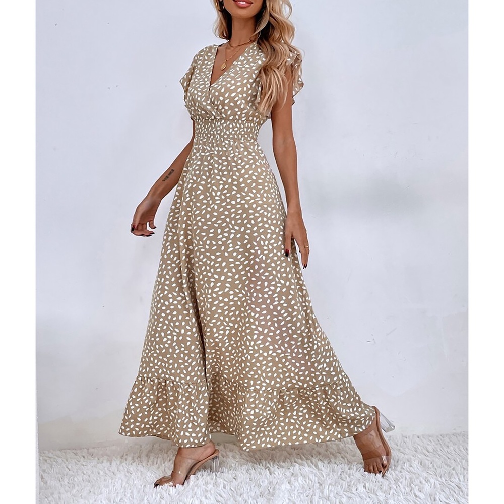 Neutral Tan White Spot Print Ruffle Shirred Maxi Dress - Picture 4 of 6